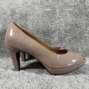 Clarks Narine Platform Heels Patent Peep Toe Pumps Soft Cushion Taupe Womens 7